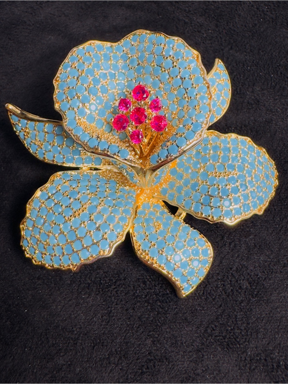 Turquoise Floral Statement Brooch Gold Plated Pavé Pin